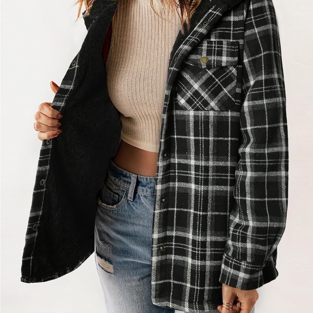 Dokotoo Womens Plaid Shacket Button Down Fleece Hooded jacket
